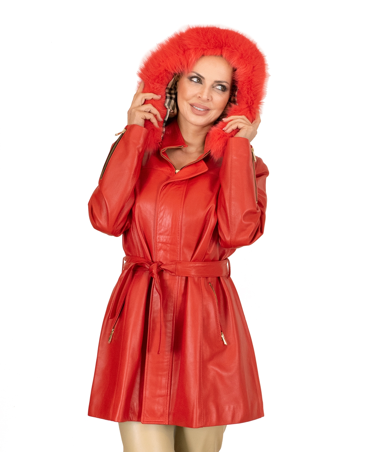 LEATHER RED SEMI-COAT WITH HOOD